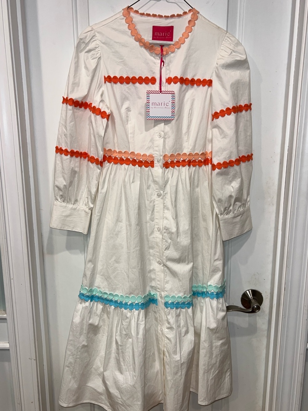 Marie White Long-Sleeve Button-Front Dress with Orange & Aqua Trim